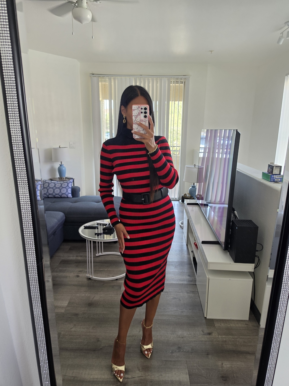 Black & Red Striped Long Sleeve Midi Dress